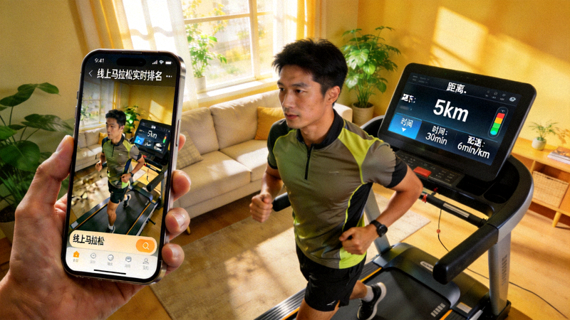 参赛者在家中进行线上马拉松，显示出他们的跑步数据