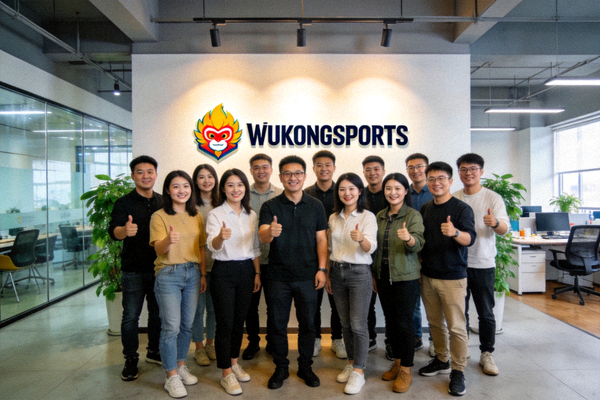 悟空体育WUKONGSPORTS团队合影，背景为现代化办公室与WUKONGSPORTS标志