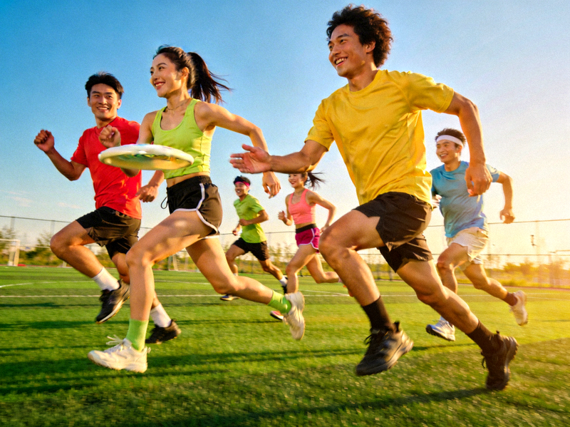 一群充满活力的年轻人在户外阳光下进行团体运动，笑容灿烂，体现健康生活