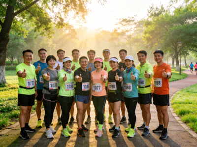 用户线下约跑活动的合影，大家对着镜头竖起大拇指，背景是清晨的公园
